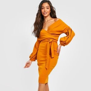 OFF THE SHOULDER WRAP MIDI DRESS